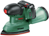 Bosch grüner Akku-Multischleifer EasySander 18V-8 | inkl. 1-Stunden-Ladegerät (bereits 18 V-20) + 1 x 2,0 Ah-Akku + 3 Schleifblätter (rotes Holz) – 06033e3002