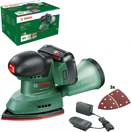 Bosch grüner Akku-Multischleifer EasySander 18V-8 | inkl. 1-Stunden-Ladegerät (bereits 18 V-20) + 1 x 2,0 Ah-Akku + 3 Schleifblätter (rotes Holz) – 06033e3002