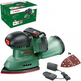 Bosch grüner Akku-Multischleifer EasySander 18V-8 | inkl. 1-Stunden-Ladegerät (bereits 18 V-20) + 1 x 2,0 Ah-Akku + 3 Schleifblätter (rotes Holz) – 06033e3002