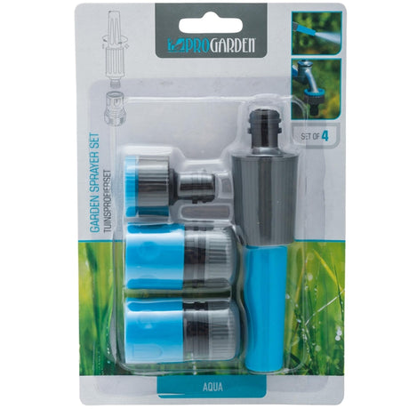 Pro Garden Gartensprinkler-Set 4-teilig, bestehend aus 1 Sprühkopf, 1 Hahnanschluss mit Gewinde und 2 Schnellkupplungen, 1 mit Wasserstopp. Schlauchkupplung.