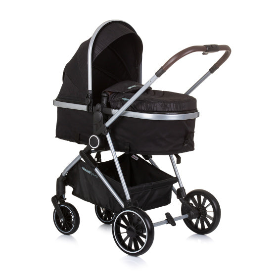 Chipolino Aura faltbar 3-in-1-Kinderwagen mit Windelbeutel Obsidian Schwarz Silber