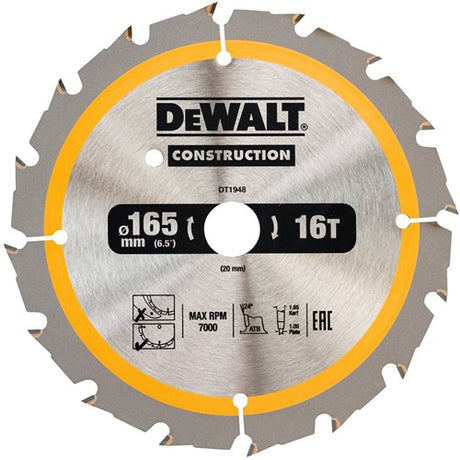 Dewalt accessoires cirkelzaagblad 165x20x16t, wisseltand, positief 24°, kerf 1,6mm - dt1948-qz