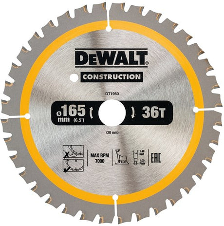 Dewalt Zubehör Kreissägeblatt 165 x 20 x 36 Zähne, positiv 3°, Kerbe 1,5 mm – dt1950-qz