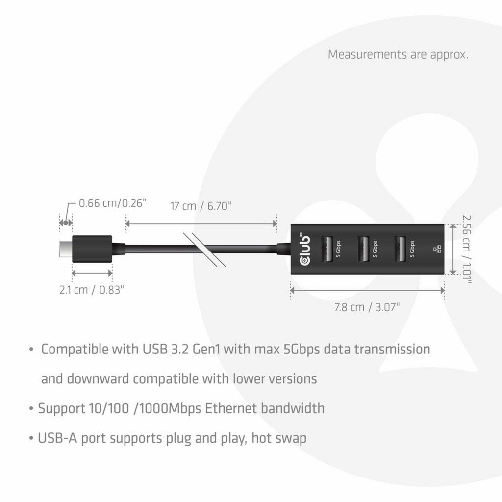 Club 3d usb-c 5 gbps naar 3 poorten usb type-a-hub met gigabit ethernet adapter (zwart)