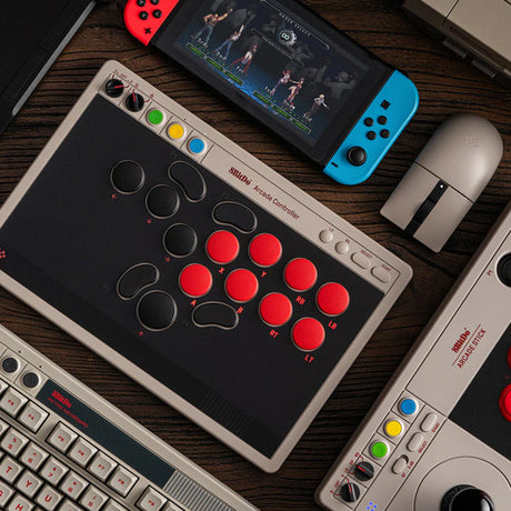 8bitdo arcade controller (grijs rood, 2.4 ghz bluetooth usb, nintendo switch 1 + 2, pc)