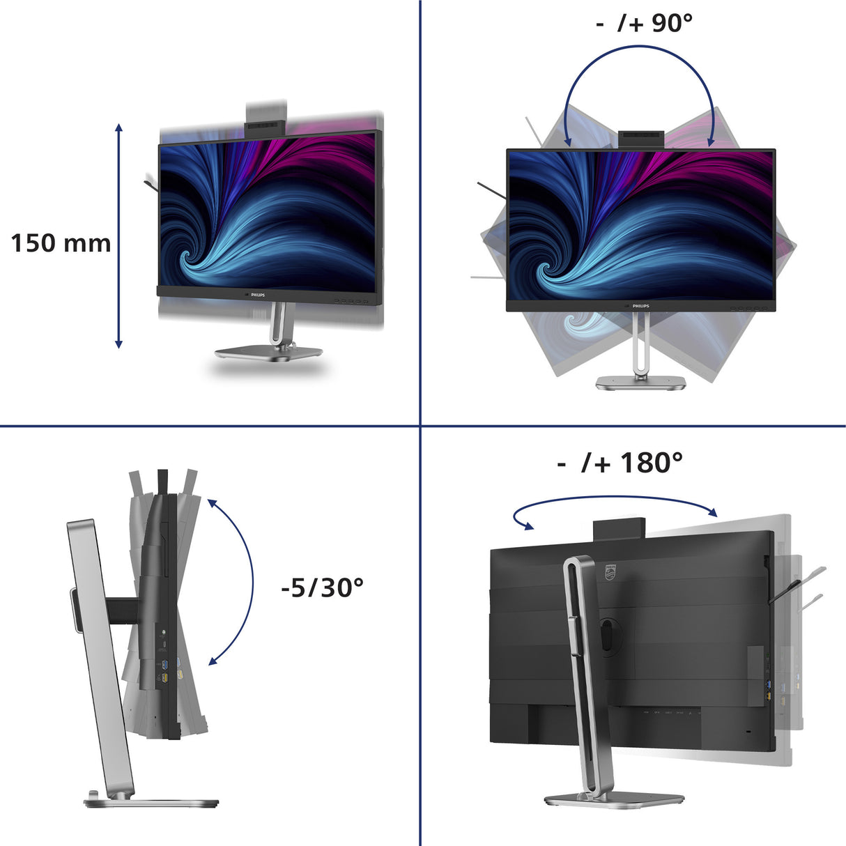 Philips 27b2u4601h 00 27 ledmonitor (zilver zwart, hdmi, displayport, usb-c, webcam, 120 hz)