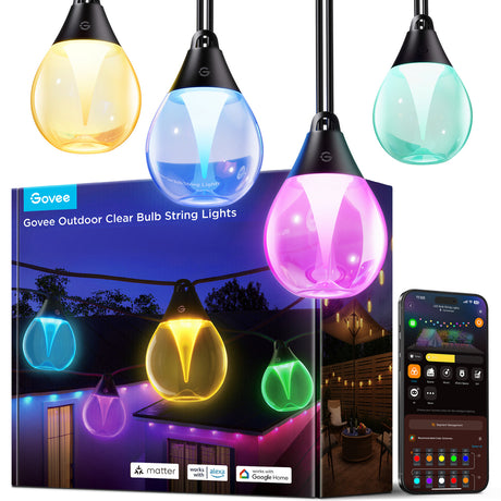 Govee Outdoor-Lichterkette mit klaren Glühbirnen, intelligente Außenbeleuchtung, RGBWW Matter