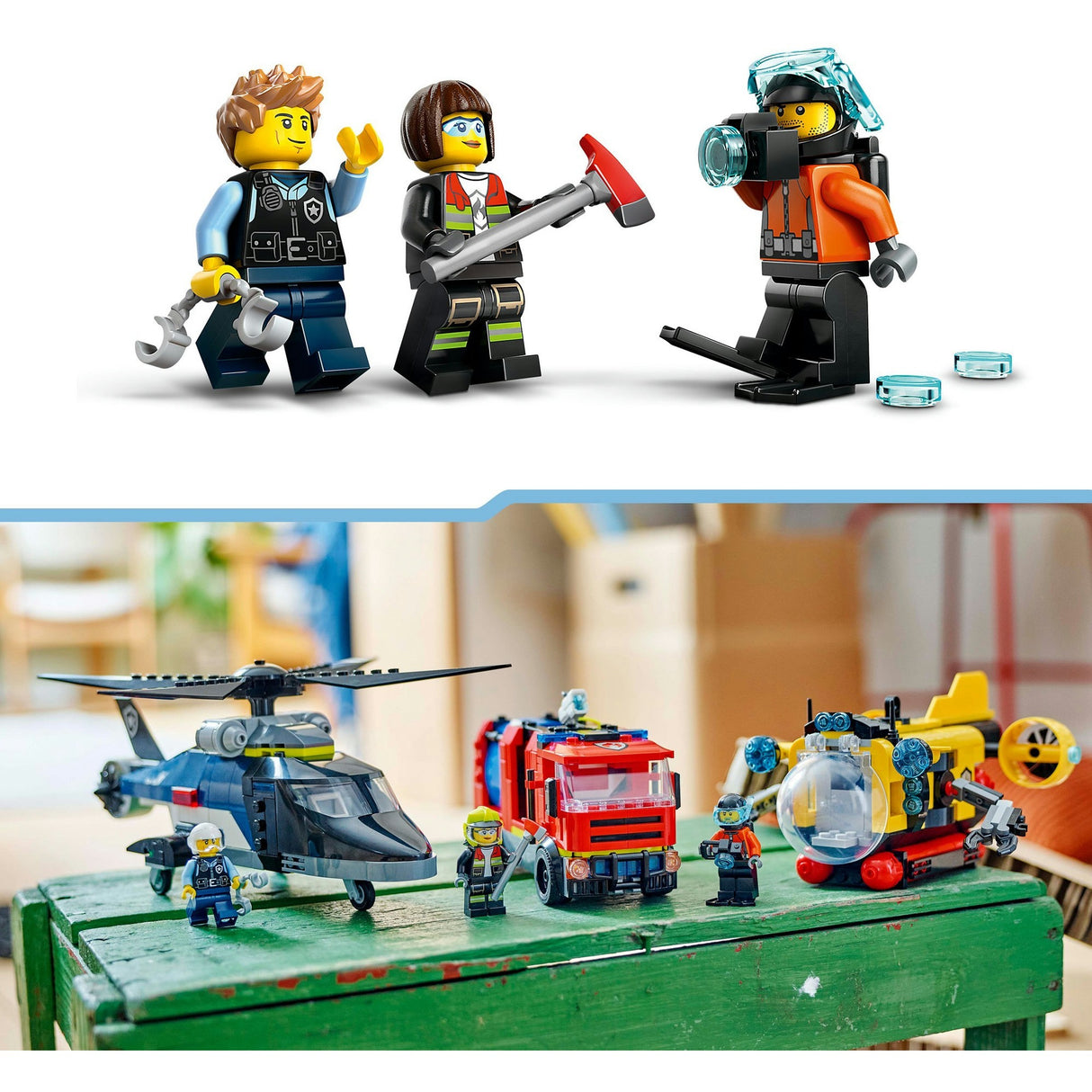 Lego City 60462 Helikopter, Feuerwehrauto und U-Boot-Remix