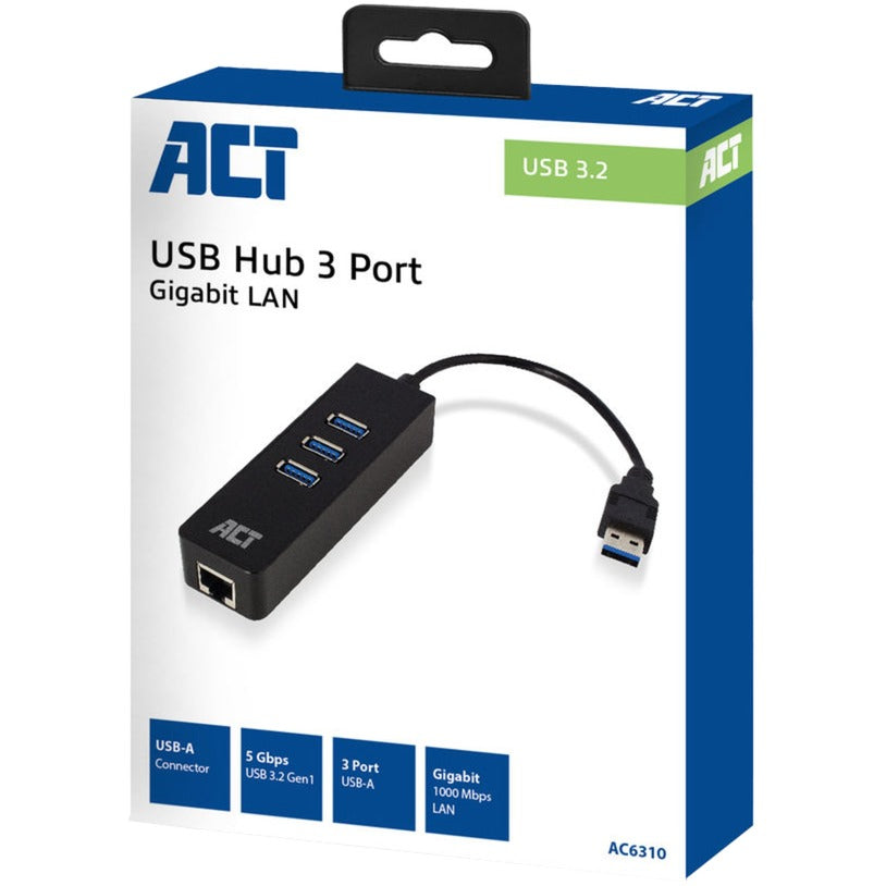 ACT-Konnektivität USB Hub 3.2 3x USB-A Ethernet, Schwarz, schwarz