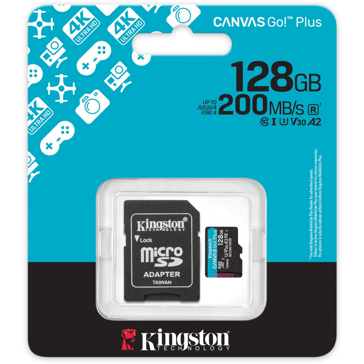 Kingston Leinwand los! plus microSDXC 128 GB Speicherkarte (schwarz, inkl. Adapter, Klasse 10, UHS-I U3, V30, A2)