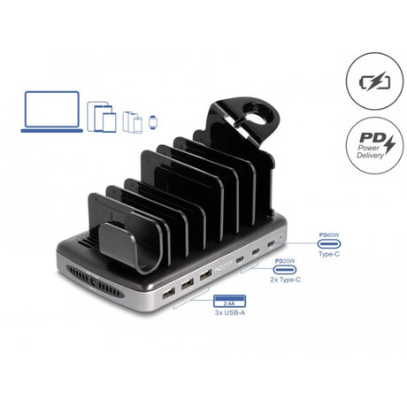 Delock USB-Ladestation mit 3 x USB Typ-C PD + 3 x USB Typ-A (112 W) (grau schwarz)