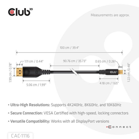 Club 3D Mini DisplayPort auf DisplayPort DP80 Bidirektionaler Adapter (Schwarz, 1 Meter, Vesa-zertifiziert)