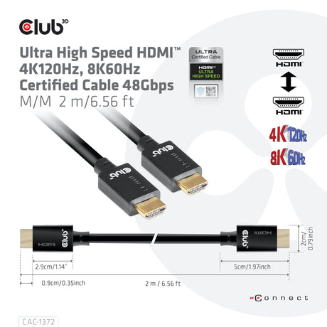 Club 3D Ultra-High-Speed-HDMI-2.1-zertifiziertes Kabel männlich-männlich (schwarz, 2 Meter, 4K 120 Hz, 8K 60 Hz, 48 Gbit/s)