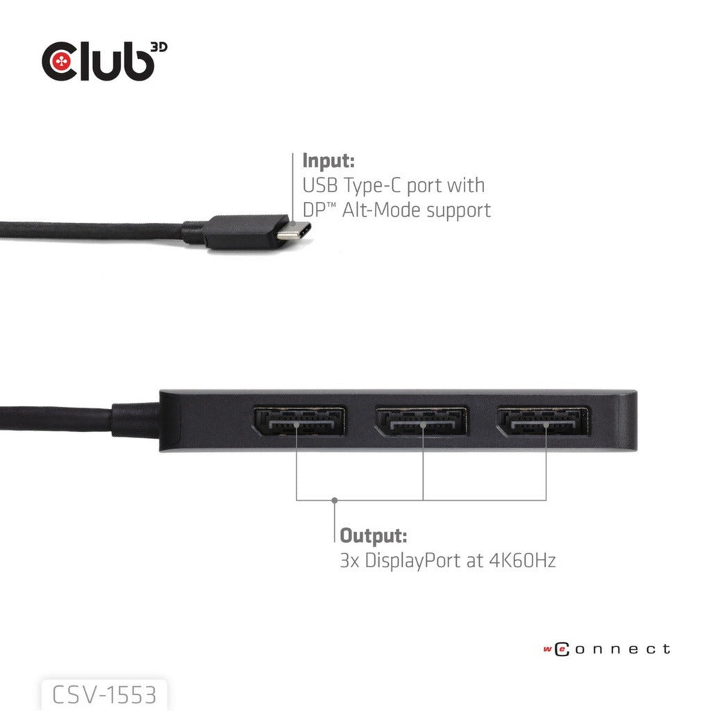Club 3D USB-C auf Triple DisplayPort MST Hub (Schwarz, 4K60Hz)