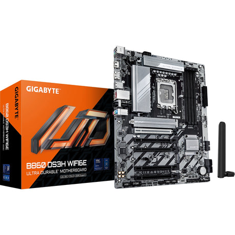 Gigabyte B860 DS3H WiFi 6E Sockel 1851 Mainboard (Silber Schwarz, RAID, 2,5GB-LAN, WiFi 6E, BT, Sound, ATX)