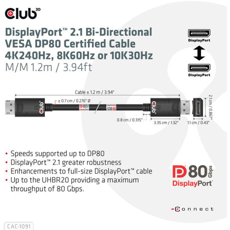 Club 3D DisplayPort 2.1 Vesa DP80 zertifiziertes Kabel Stecker-Stecker (Schwarz, 1,2 Meter, 4K 240 Hz, 8K 60 Hz, 80 Gbit/s)
