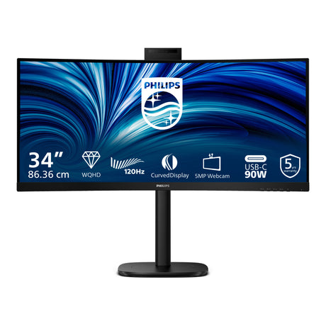 Philips 34b2u3600ch 34 curved ultrawide monitor (zwart, 1x displayport, 2x hdmi, 1x usb-c, 3x usb-a, 1x rj-45, 120 hz)