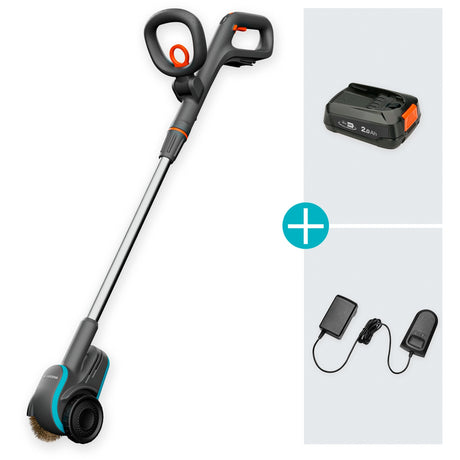 Gardena EasyWeed Akku-Unkrautbürste 1800 18V P4A gebrauchsfertiges Unkrautentferner-Set (Grau-Türkis, Akku und Ladegerät inklusive, Power for All Alliance)