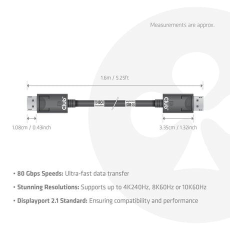Club 3D DisplayPort 2.1 Vesa DP80 zertifiziertes Kabel Stecker-Stecker (Schwarz, 1,6 Meter, 8K 240Hz, 10K 60Hz, 80Gbit/s)