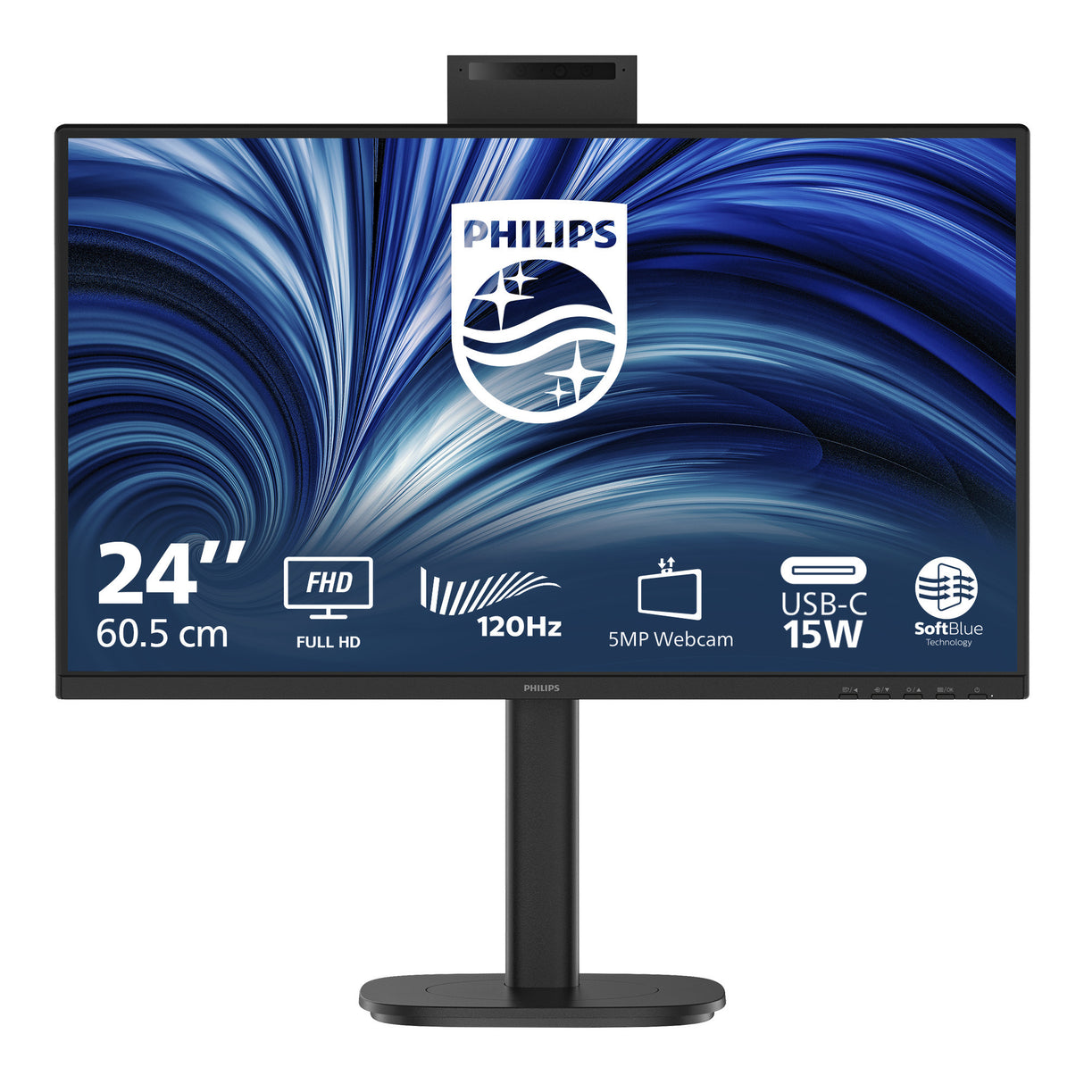 Philips 24b2n3200jh 00 23.8 monitor (zwart, vga, hdmi, displayport, usb-c, webcam, 120 hz)