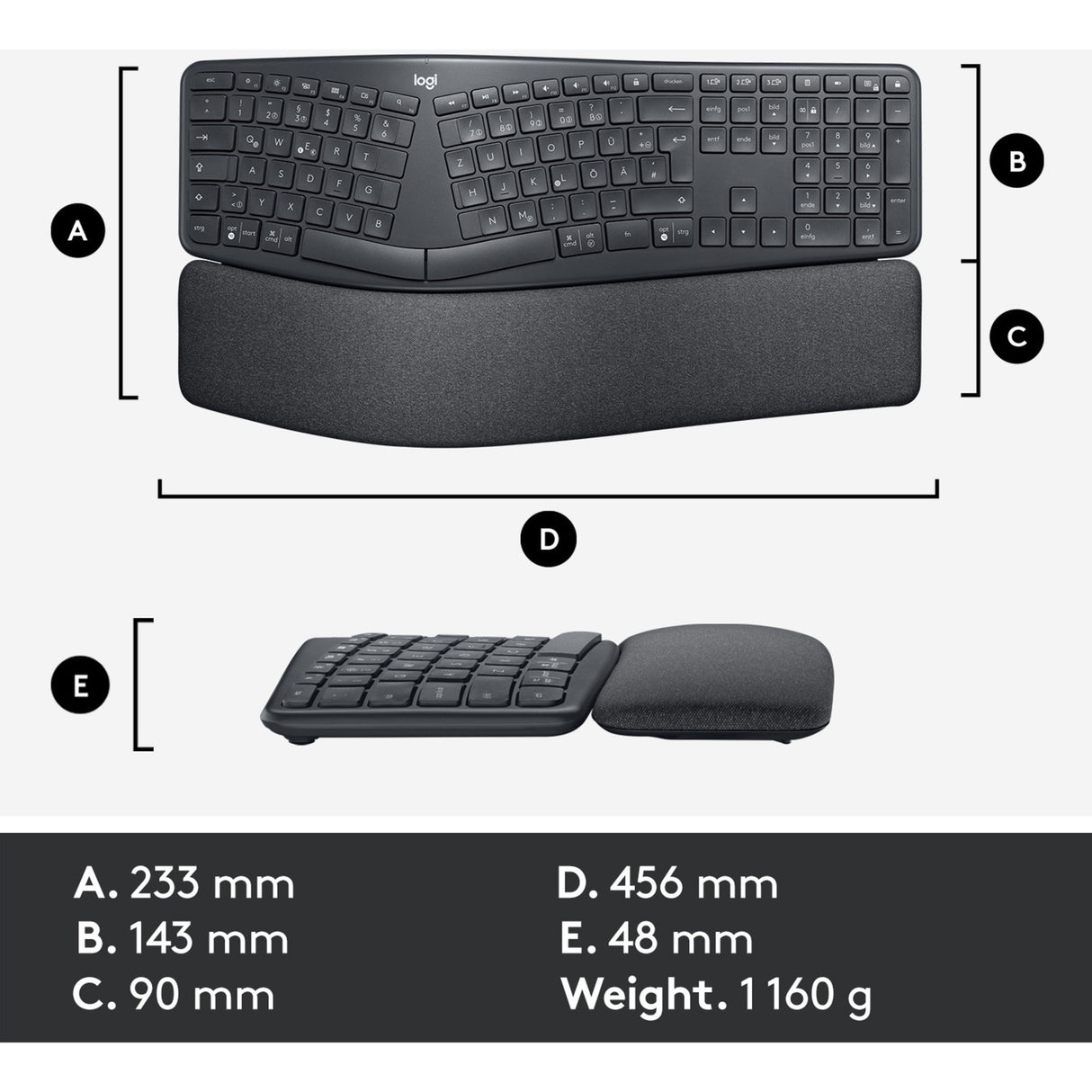 Logitech K860 Ergo-Tastatur (schwarz, 100 %, Bluetooth, US-internationale ISO)