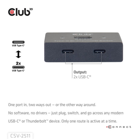 Club 3D USB-C bidirektionaler Video + Daten + PD-Schalter USB-Schalter (schwarz)