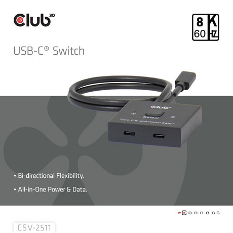 Club 3D USB-C bidirektionaler Video + Daten + PD-Schalter USB-Schalter (schwarz)
