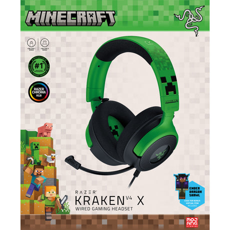 Razer kraken v4 x - minecraft edition over-ear gaming headset (zwart groen, pc, playstation 5, nintendo switch)