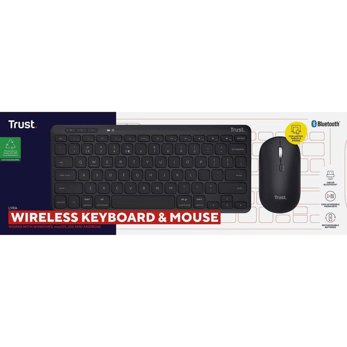Trust Lyra kabelloses Multi-Device-Tastatur-Maus-Desktop-Set (schwarz, US-Layout (QWERTY), Scherenschalter, 65 %, 800–1.600 dpi, 2,4 GHz USB, Bluetooth)
