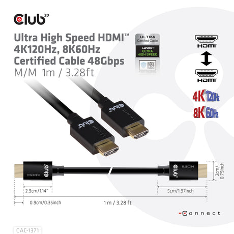 Club 3D Ultra-High-Speed-HDMI-Kabel (schwarz, 1 Meter, 4K 120 Hz, 8K 60 Hz, 48 Gbit/s)