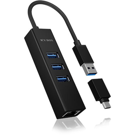 Icy Box ib-hub1419-lan USB-Hub (schwarz, 3x USB-A 3.2 (5 Gbit s), 1x LAN)