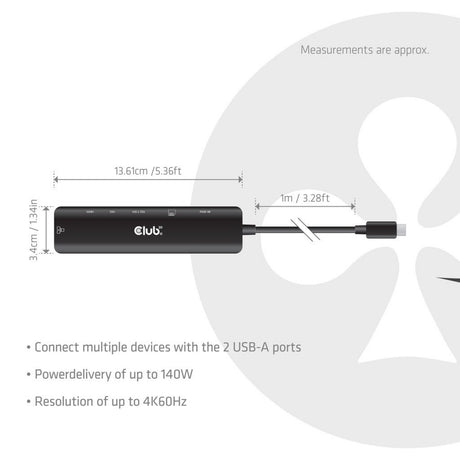 Club 3d csv-2555 7-1 usb-c naar hdmi hub (zwart, 4k60hz, pd3.1 140w, usb-a, usb-c, lan, microsd)