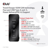 Club 3D Travel Charger 132W Gan Technology, Four Port USB