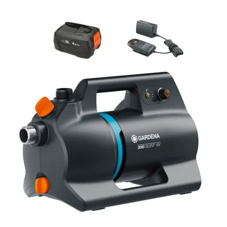 Gardena Akku-Bewässerungspumpe 3000 Silent 18V P4A Fertigset inkl. Akku und Ladegerät (dunkelgrau türkis, 14610-20 | Pumpe | Akku | Ladegerät)