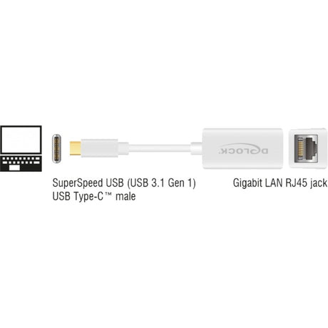 Delock Superspeed USB-C (USB 3.1 Gen 1) Stecker > Gigabit LAN 10 100 1000 Mbit/s Kompaktadapter (weiß, 0,135 Meter)