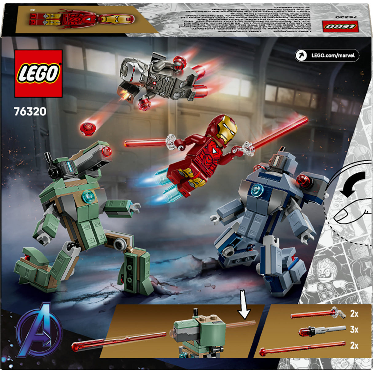 Lego Superhelden Marvel 76320 Iron Man und Kriegsmaschine gegen Hammerdrohnen