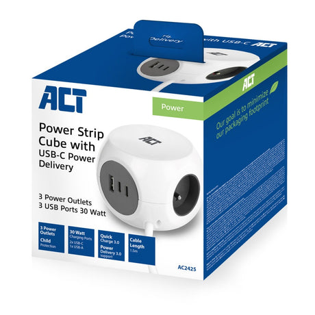 Act-Konnektivität: Act-Steckdosenleiste mit 3 Steckdosen, 30 W Stromversorgung, USB-C-A-Anschlüssen, Kabellänge 1,5 m, AC2425