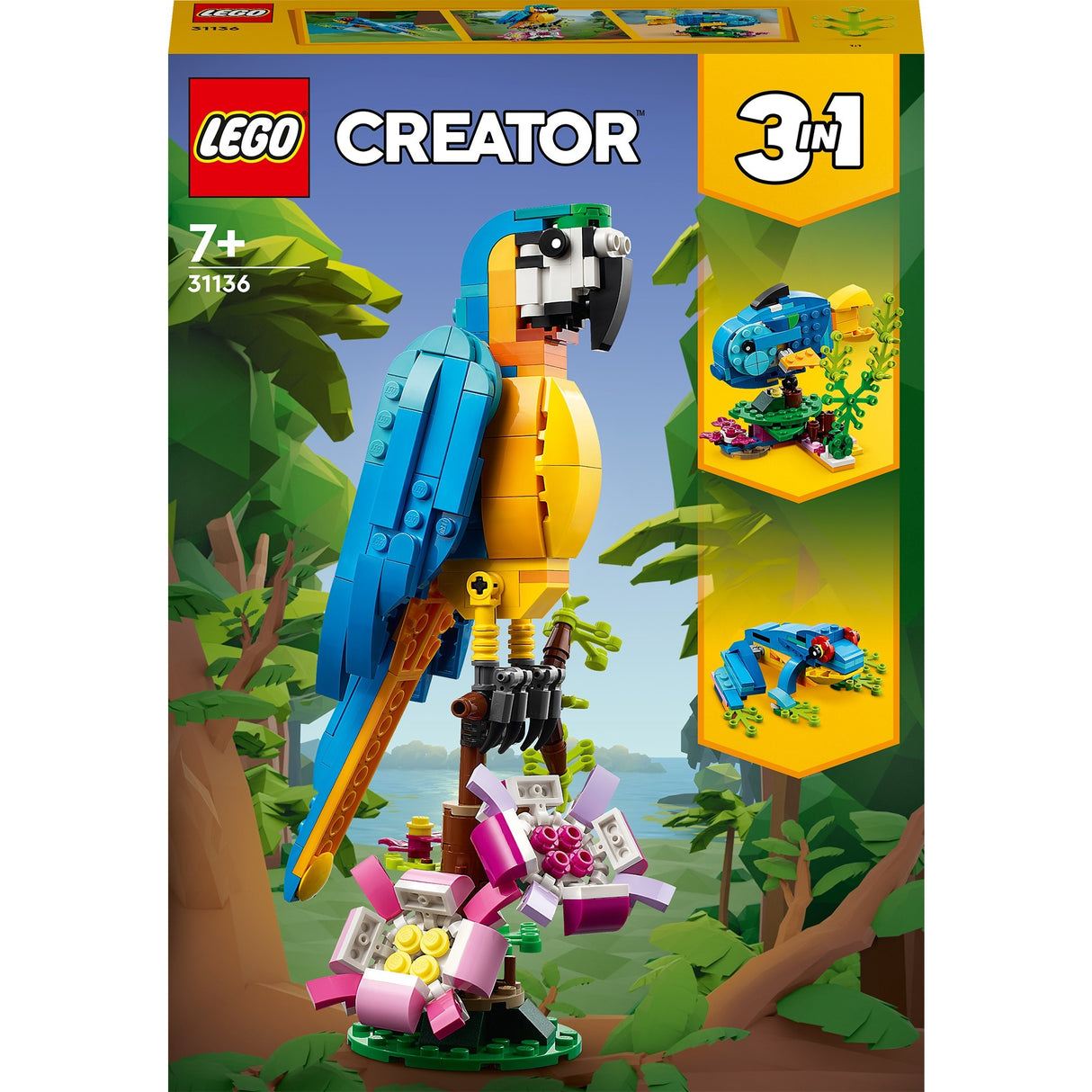 Lego Creator 3in1 exotisches Papageien-Frosch-Fisch-Tierspielzeugset für Kinder – 31136