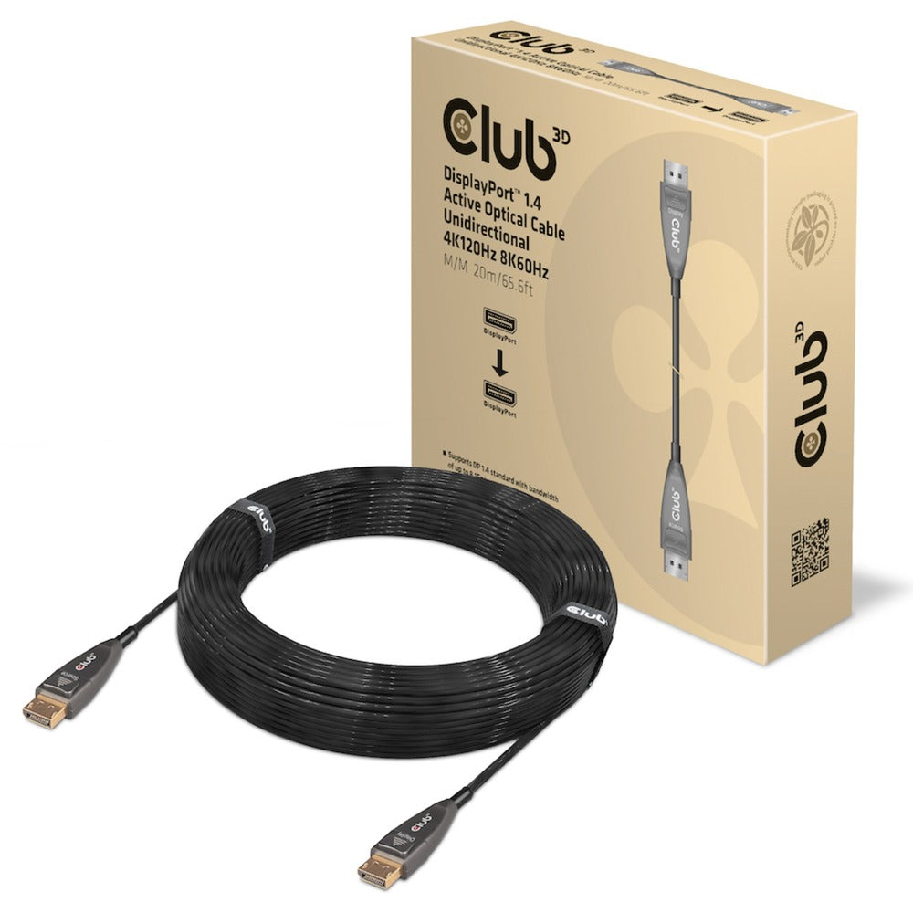 Club 3D DisplayPort 1.4 aktives optisches unidirektionales Kabel (schwarz, 20 Meter, 4k 120 Hz, 8k 60 Hz)
