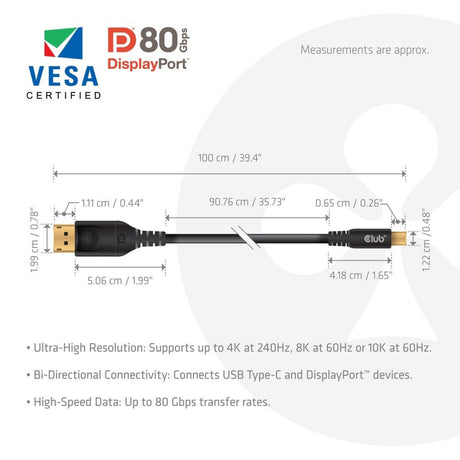 Club 3D USB-C auf DisplayPort DP80 bidirektionaler Adapter (schwarz, 1 Meter, VESA-zertifiziert)