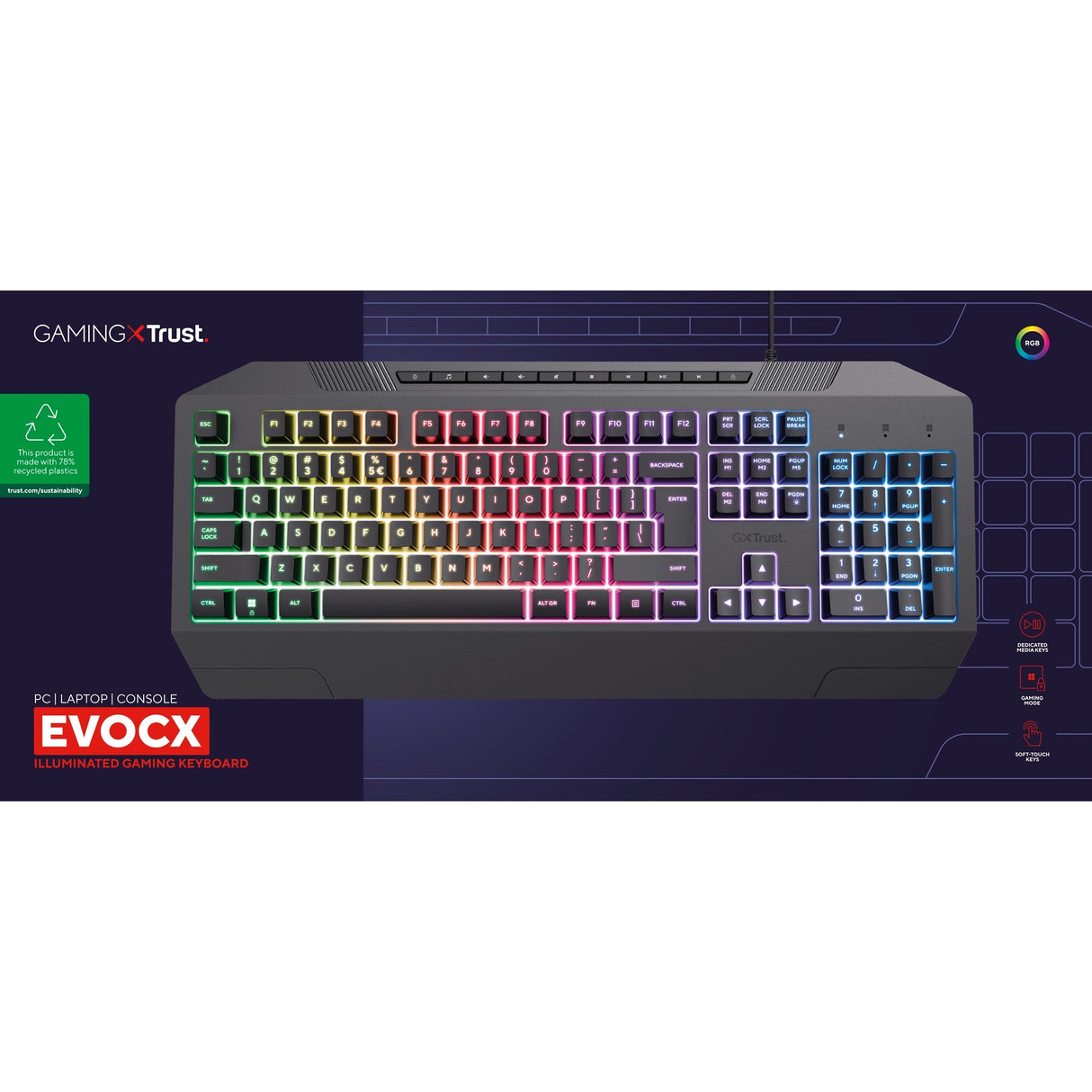 Trust GXT 836 EVOCX RGB-Gaming-Tastatur (schwarz, US-Layout (QWERTY), Membran, 100 %, RGB)