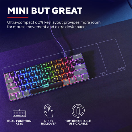 Trust GXT 867 Acira 60 % mechanische Mini-Gaming-Tastatur (Schwarz, US-Layout (QWERTY), Outemu Red, 60 %, RGB)