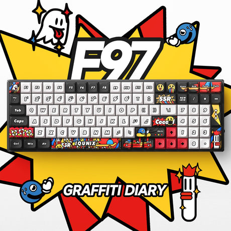 Iqunix F97 Graffiti Diary kabellose mechanische Tastatur (schwarz, US-Layout (QWERTY), Cherry MX Brown, 96 %, RGB-LEDs, Hot-Swap-fähig, PBT, 2,4 GHz | Bluetooth 5.1 | USB-C)