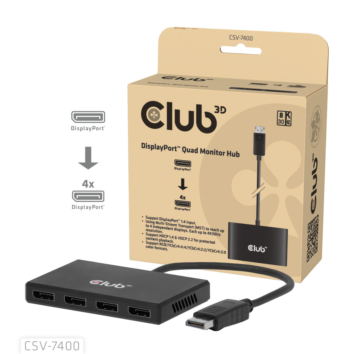 Club 3d displayport quad monitor hub mst 4x 4k30hz displayport splitter (zwart)