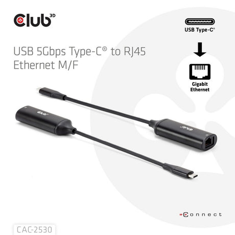 Club 3D USB-C auf RJ45 5 Gbit/s Ethernet M-F Adapter (Schwarz)