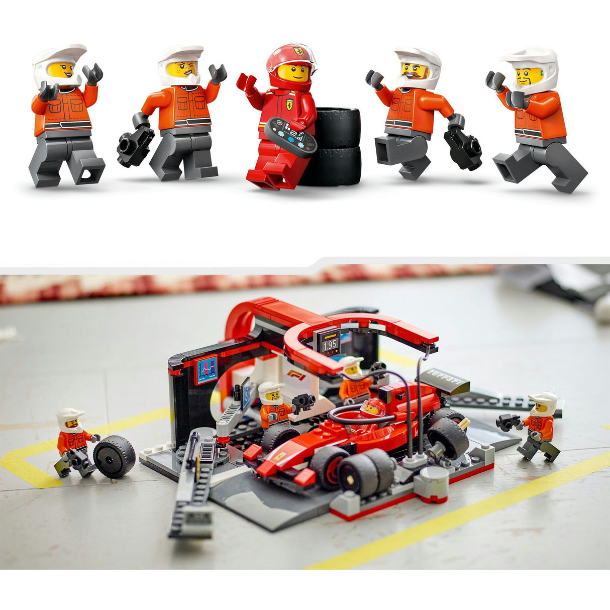 Lego City F1 Boxenstopp und Boxencrew mit Ferrari-Auto – 60443