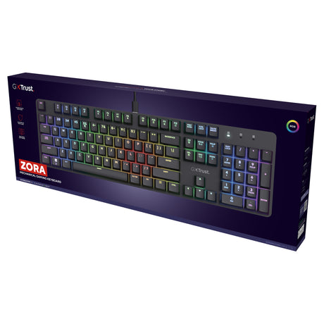 Mechanische Gaming-Tastatur Trust GXT 871 Zora (Schwarz, US-Layout (QWERTY), Huano Red, 100 %, RGB)