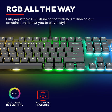 Mechanische Gaming-Tastatur Trust GXT 866 Torix (Schwarz, US-Layout (QWERTY), Huano Red, 100 %, RGB)