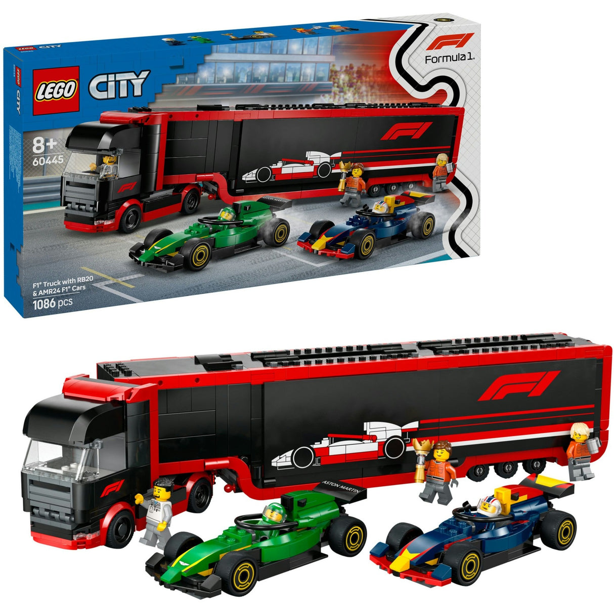 Lego City 60445 F1-Truck mit RB20- und AMR24-F1-Autos