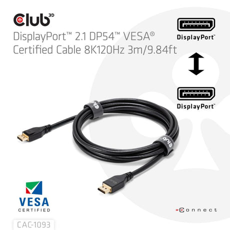 Club 3D DisplayPort 2.1 Vesa DP54 zertifiziertes Kabel männlich-männlich (schwarz, 3 Meter, 4K 240 Hz, 8K 120 Hz, 54 Gbit/s)